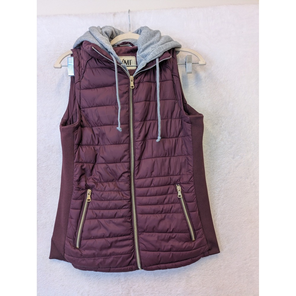 YMI Puffer Vest Women's XL Burgundy Quilted Hooded Zip‎ Pocket Sleeveless Jacket